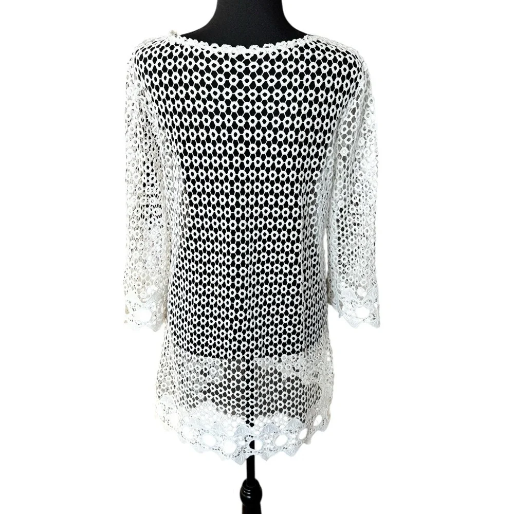 White Crochet Lace Bridal Tunic Bachelorette Beach Bride Honeymoon Cover Up S - Picture 5 of 8
